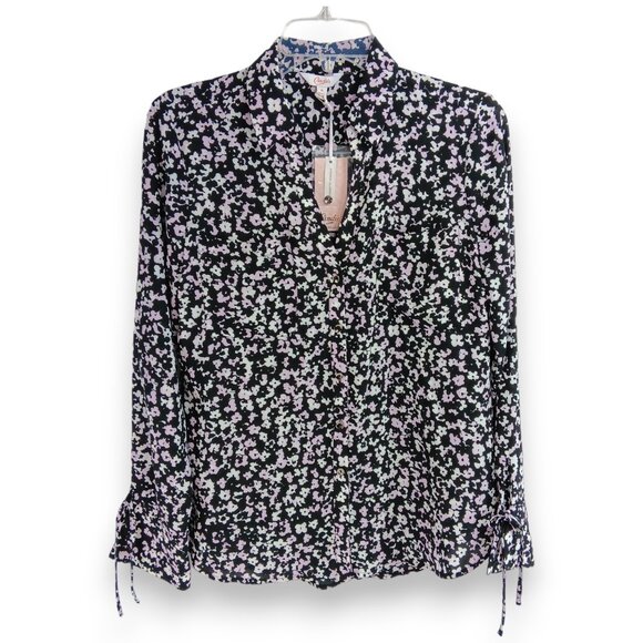 CANDIE'S-Women's Floral Button down-Top-MEDIUM-Black-White-Purple-Work-Casual - Picture 3 of 16